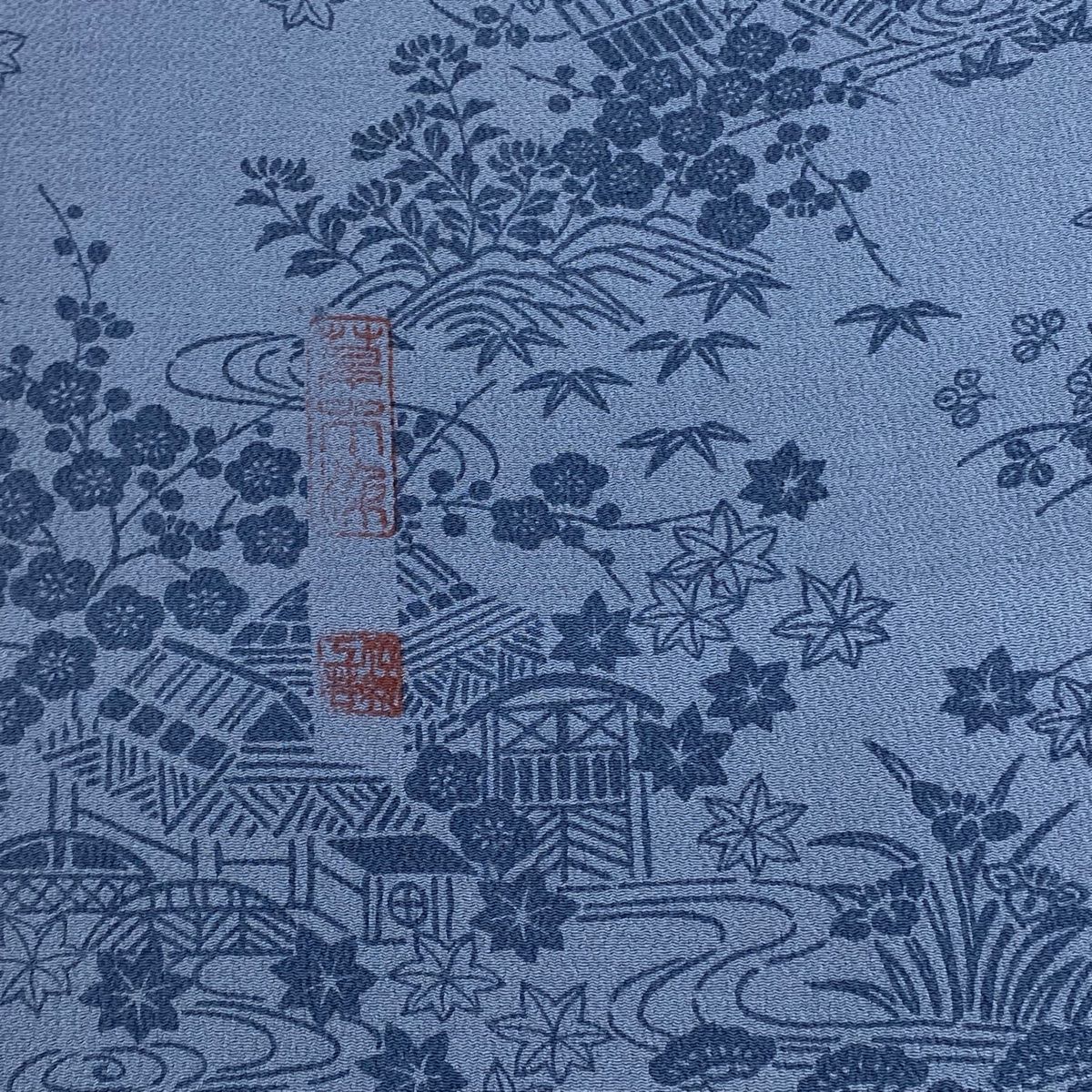 反物 秀品 小紋 草花 建物 縮緬 青灰色 正絹