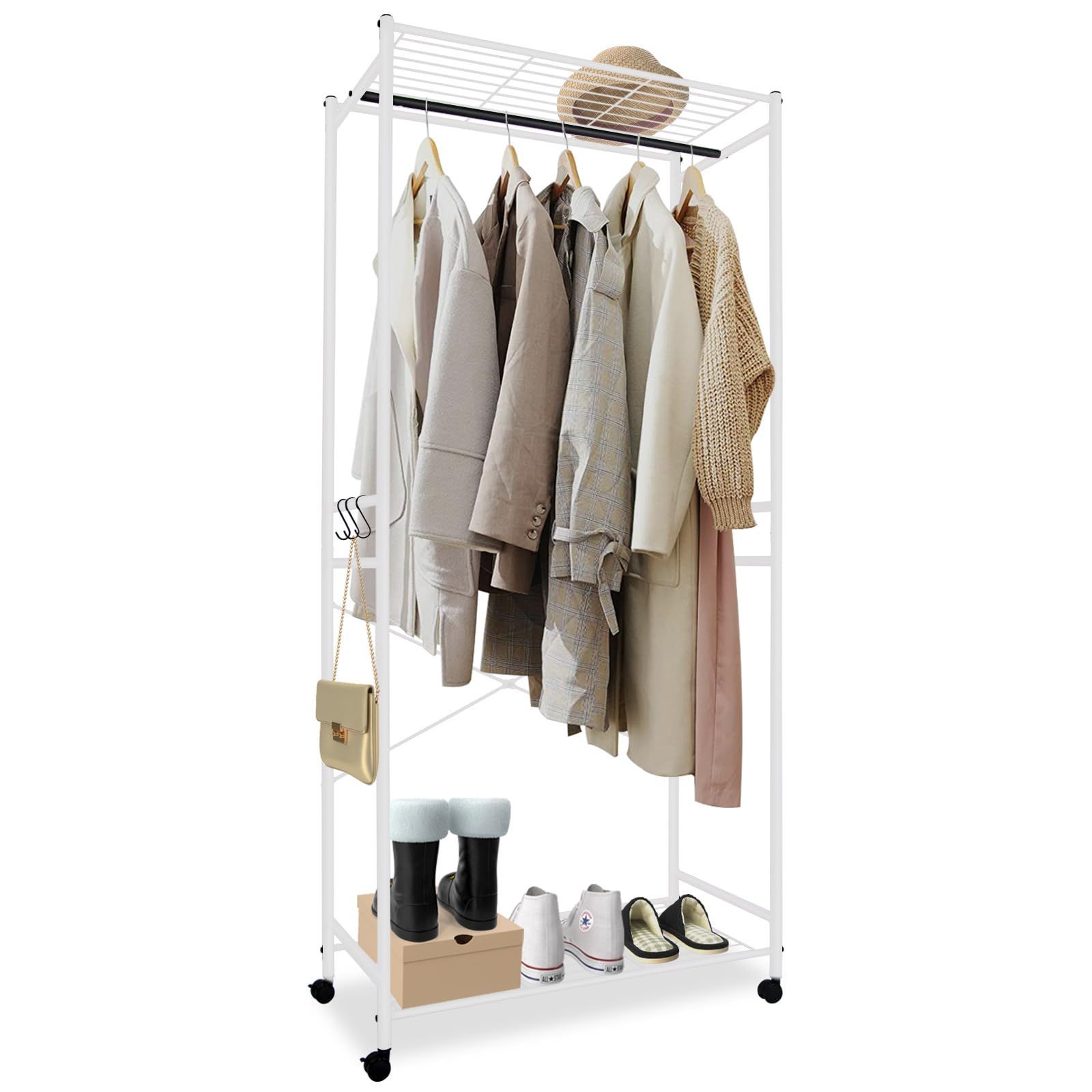 数量 洋服ラック 頑丈 キャスター付き スリム 衣類ラック 幅79.5×奥行40×高さ175.5cm パイプハンガー ハンガー おしゃれ ハンガーラック 服掛け 耐荷重 シングル fusehome 服掛け 衣類収納 ホワイト