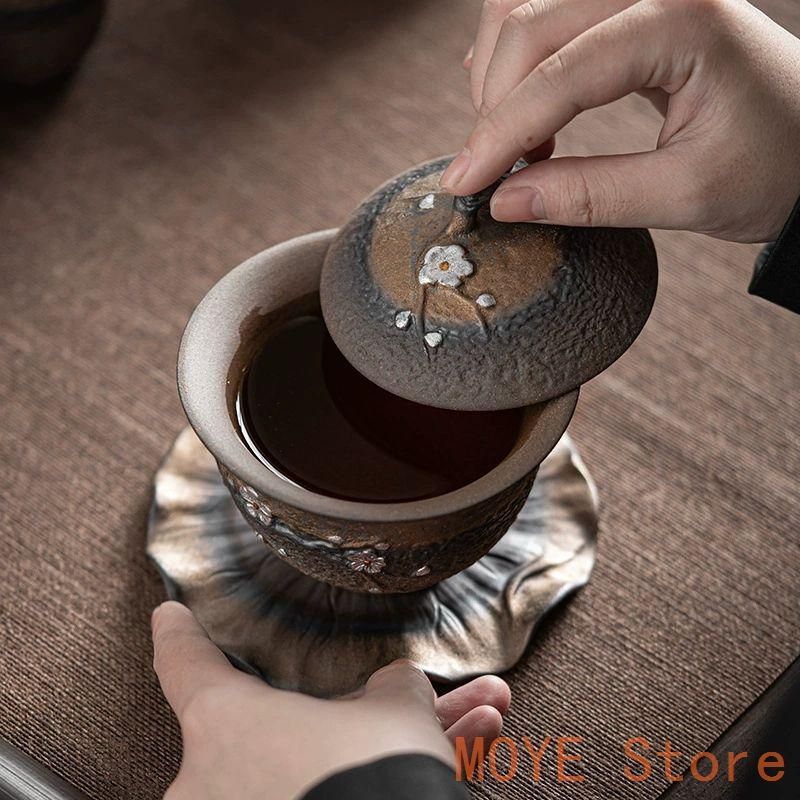 茶碗 茶器 煎茶器 鉄釉梅花蓋碗 粗陶三才蓋碗 茶淹茶わん 湯呑み 新品