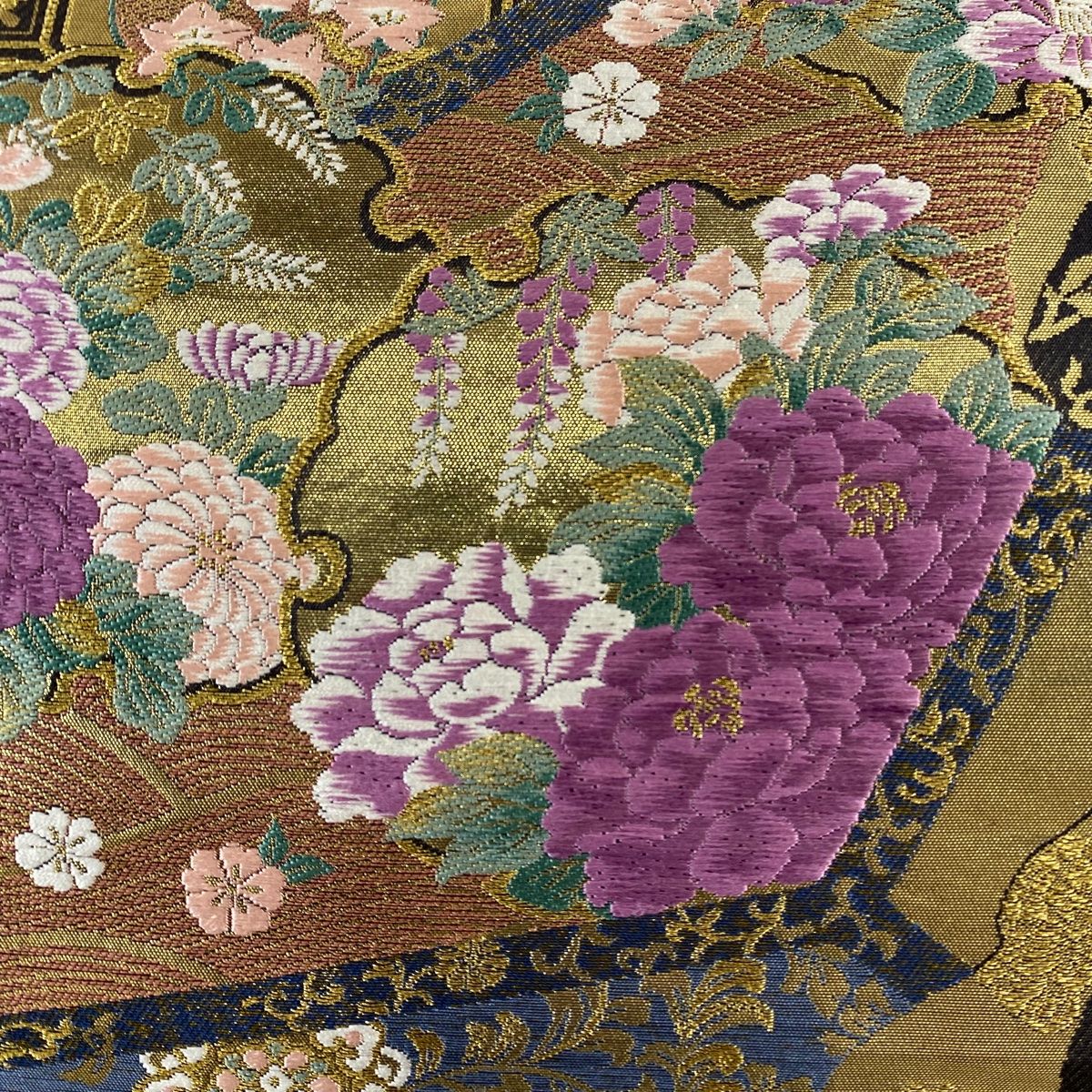 た*ん様 花柄刺繍 袋帯 薄紫 袋帯 美品 逸品 じゅらく 落款 証紙 帝王紫 草花 雪輪 刺繍 箔