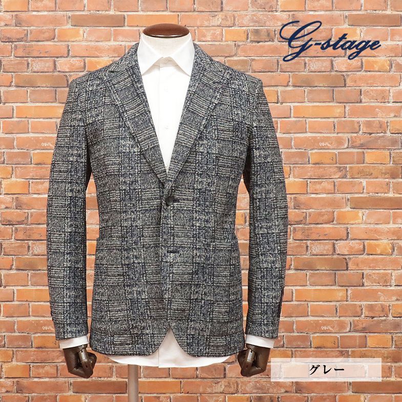 秋冬/g-stage/50サイズ/アンコン ジャケット LANIFICIO ROMA社スライバーニット あたたか 伸縮 グレンチェック 新品/グレー/je114/