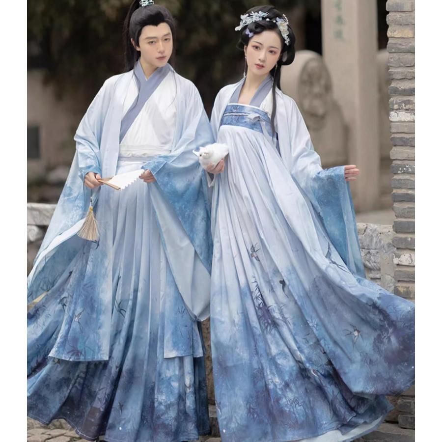 漢服 中華コスプレ 衣装 華流 ハロウィン 衣装 メンズ レディース ペアルック チャイナ服 大人 男女 中国古代服装 白系 山水画 水墨 プリン BJ0903ML159