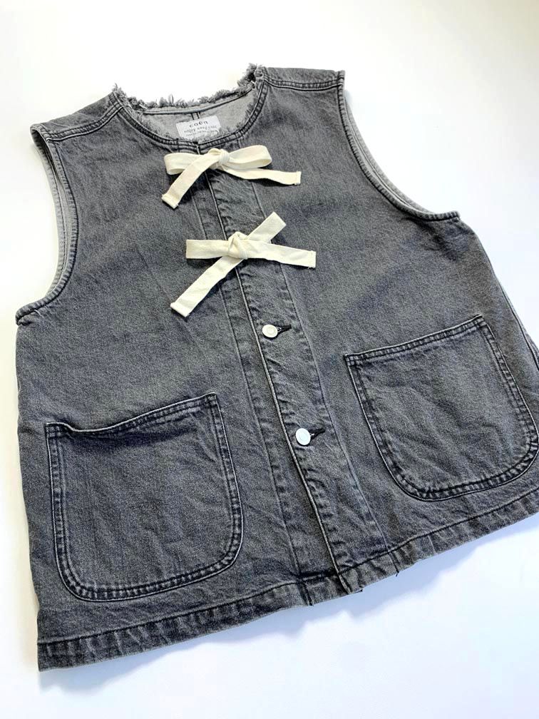 美品 coen コーエン デニム リボン ベスト sizeF/黒 ■■レディース