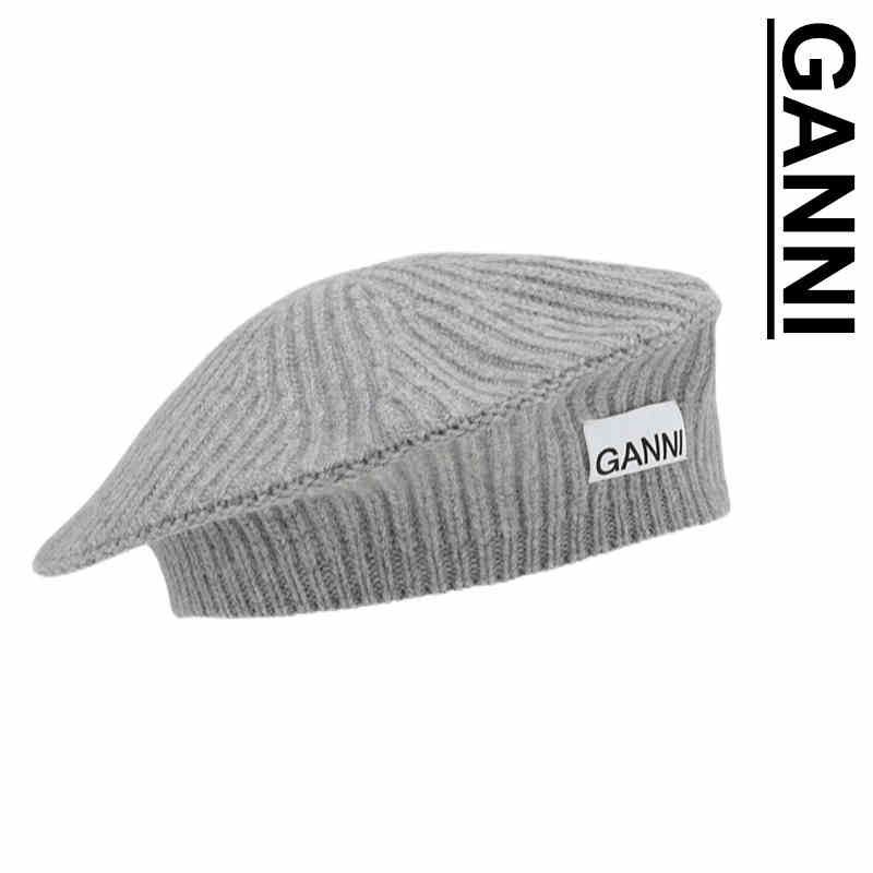 GANNI ガニー　LOGO ニット GANNI ロゴ パッチ リブ ニット ウール ベレー帽　ベレー ピンク