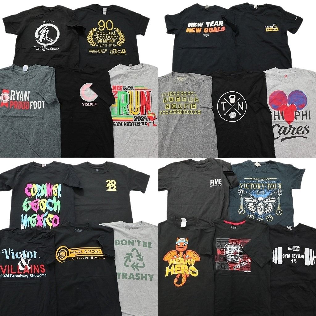 古着卸 まとめ売り 黒・グレー ボディ プリント 半袖Tシャツ 20枚セット (メンズ S ) 英文字プリント 企業 ユーチューブ 中古 古着 MX9894