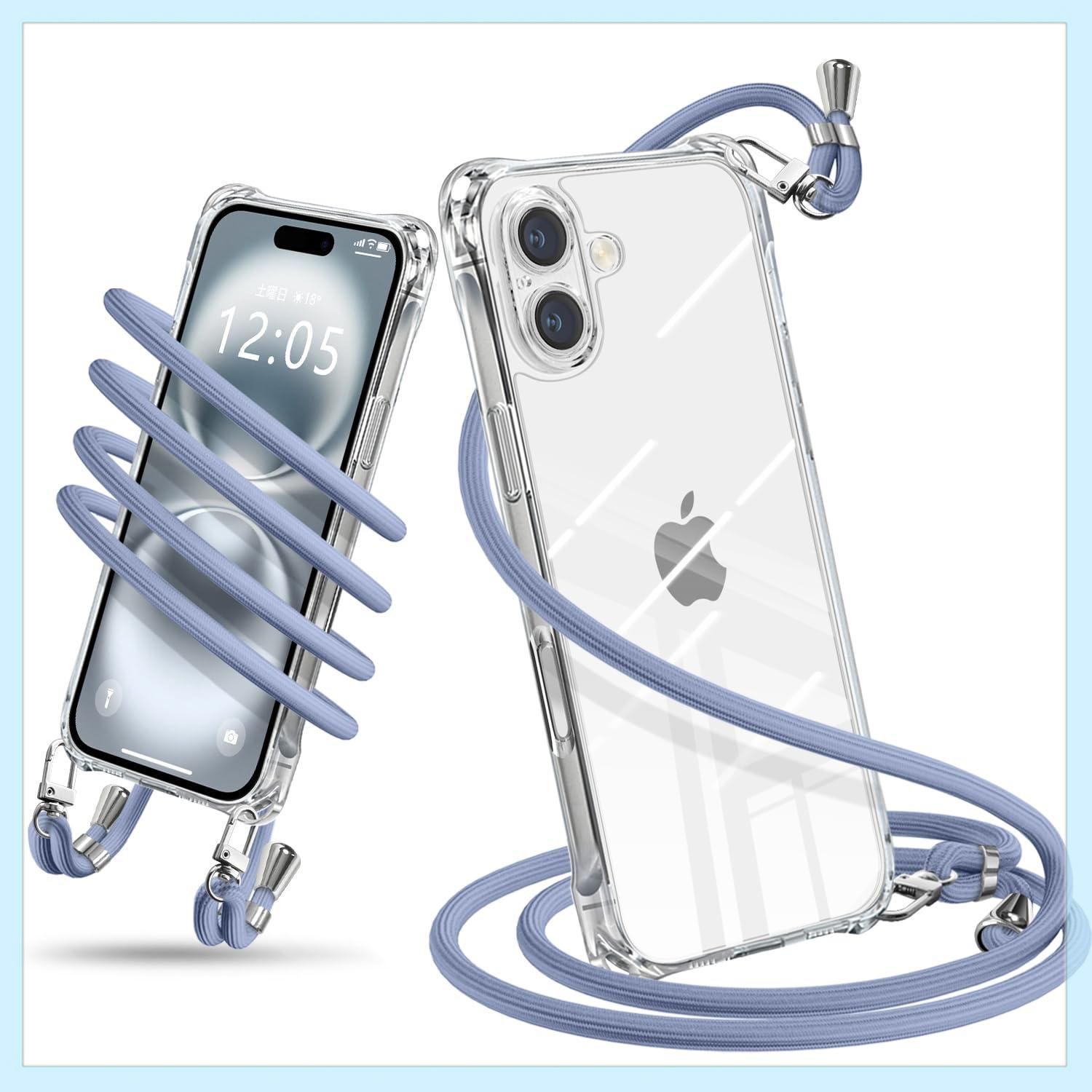 iPhone 16 ケース ショルダー クリア iPhone16 スマホケース アイフォン16 カバー 肩掛け 斜めかけ 縄掛けケース 耐衝撃 透明 TPU 薄型 軽量 携帯ケース 紐付き 斜めがけ 織りストラップ付き ネックストラップ 長さ調整可能 取り