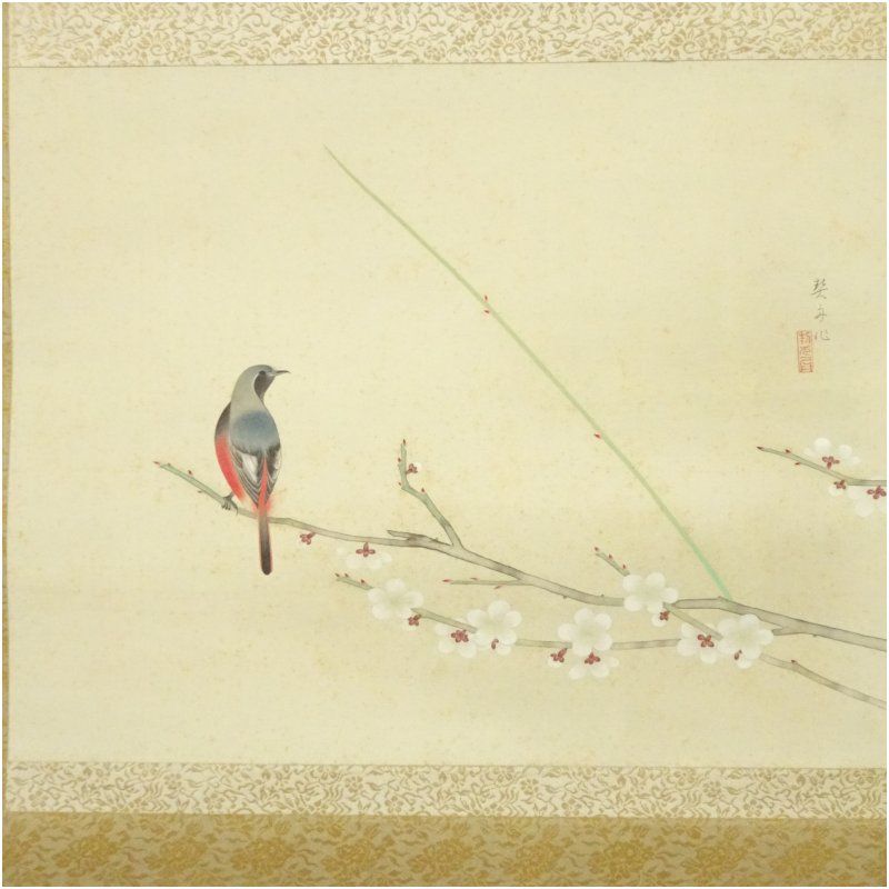 肉筆掛け軸水墨画　花鳥画　細筆画「双鳥図」美術品　絵画　和室　茶室　床の間 5704990_179.jpg