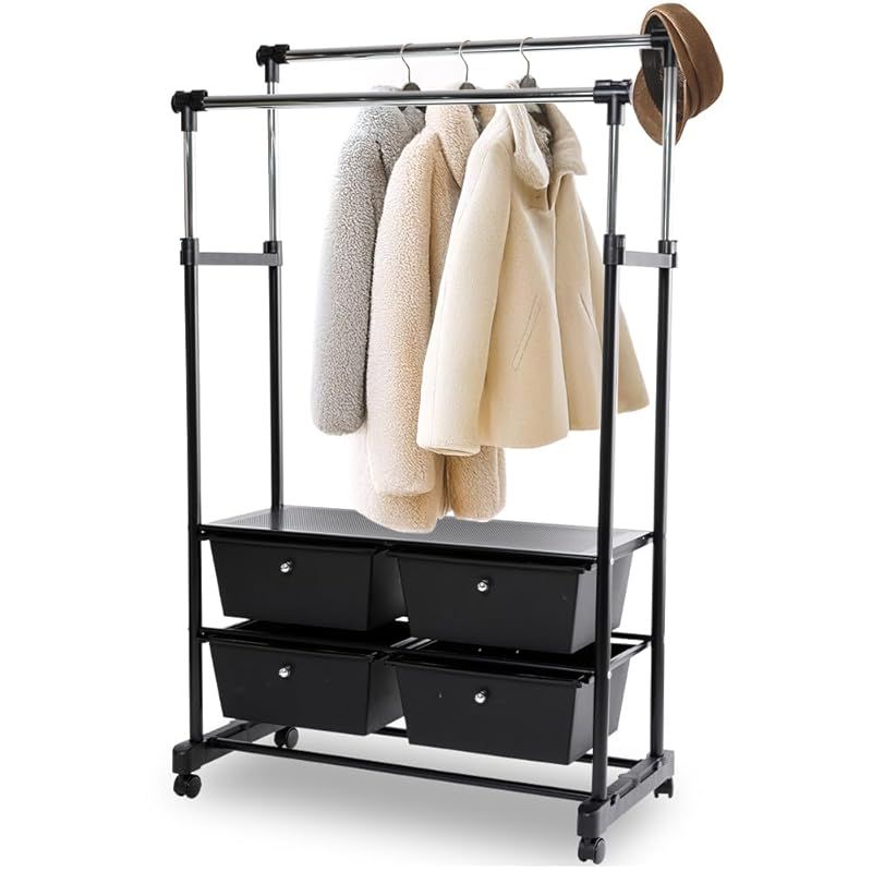 アイリスプラザ ハンガーラック ダブル 棚 収納ケース付き キャスター付き 高さ83~129 幅122.5~163.5 CHLK-8342 ブラック 0