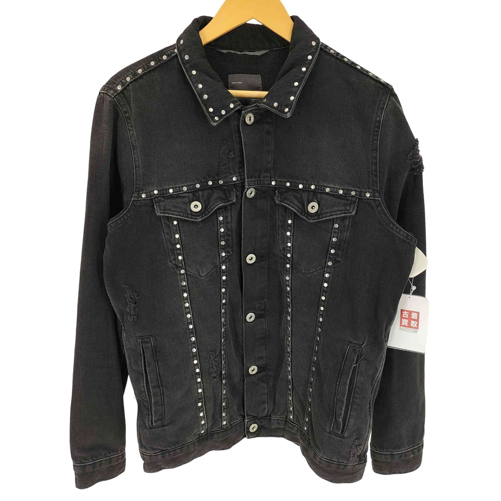 ザラマン ZARA MAN ダメージ加工 スタッズ デザイン ブラック デニム トラッカー ジャケット メンズ import：L 