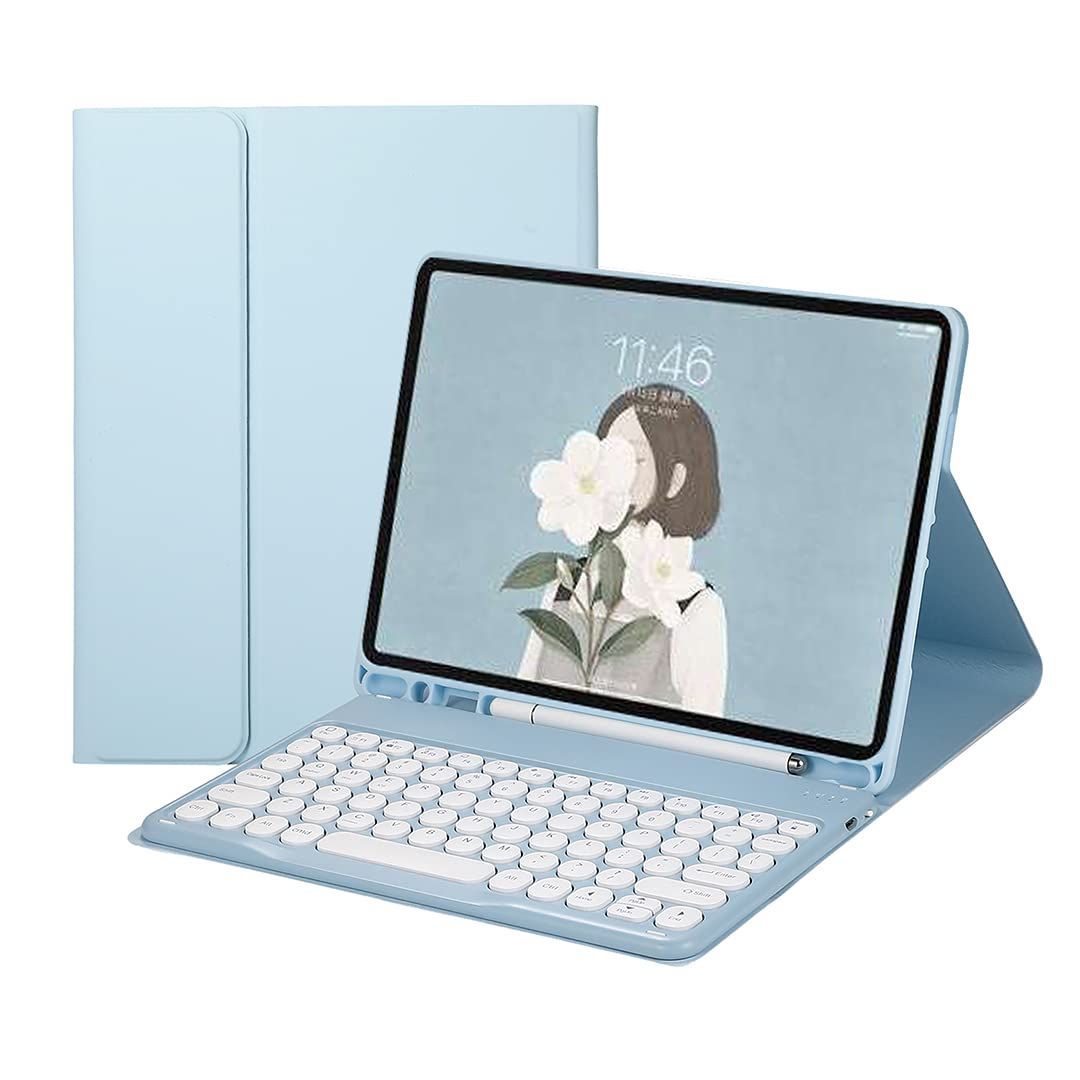 ブルー お洒落 全面保護 薄型 スタンド機能 Pencil収納 Apple 可愛い丸型キー 分離式 Air通用Bluetoothキーボードカバー Air2/iPad Pro9.7/iPad iPad6/iPad5/iPad 手帳型 iPad9.7キーボードケー