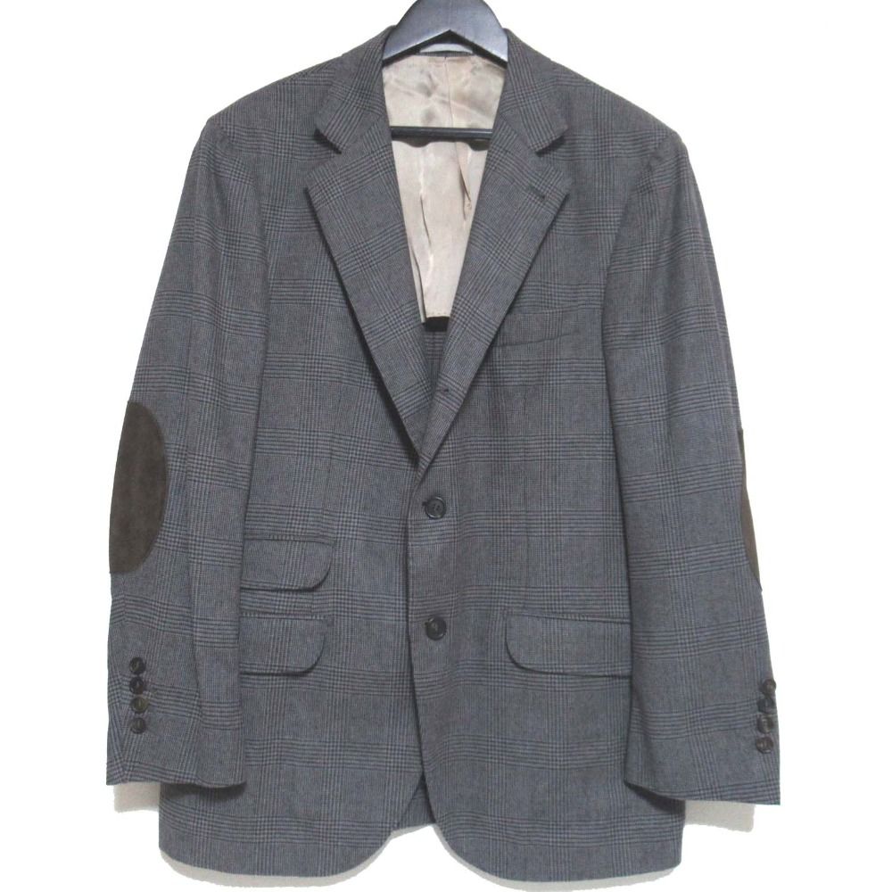 美品 BRUNELLO CUCINELLI ブルネロクチネリ グレンチェック柄 エルボーパッチ 段返り3B シングル テーラードジャケット 50サイズ グレー  メンズ 古着 中古 USED