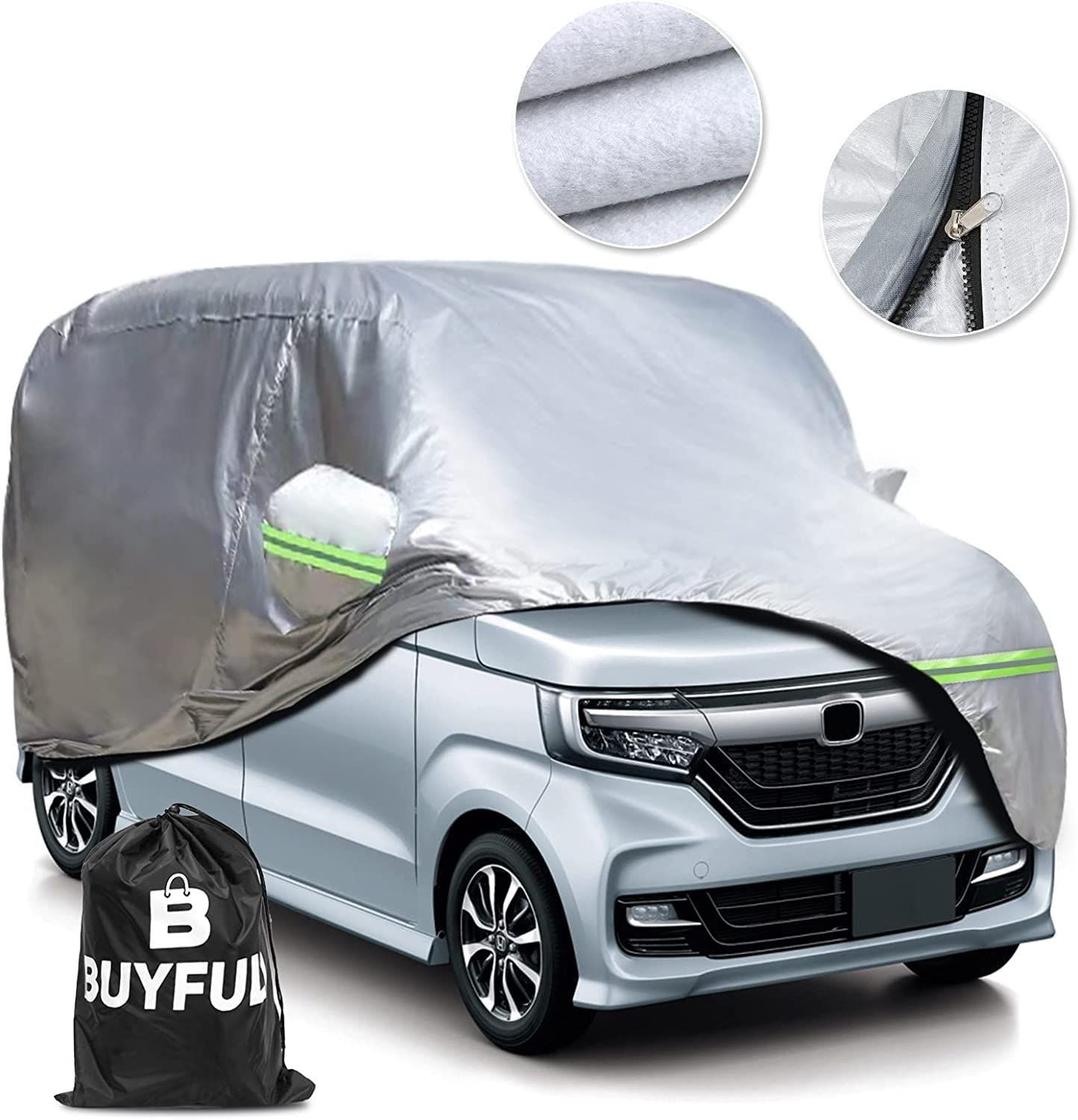 【在庫セール】軽自動車 カバー 専用設計 ボディーカバー 裏起毛 車カバー 防水防塵防輻射UVカット n-box 凍結防止 (210Tタフタ BUYFULL シルバー)
