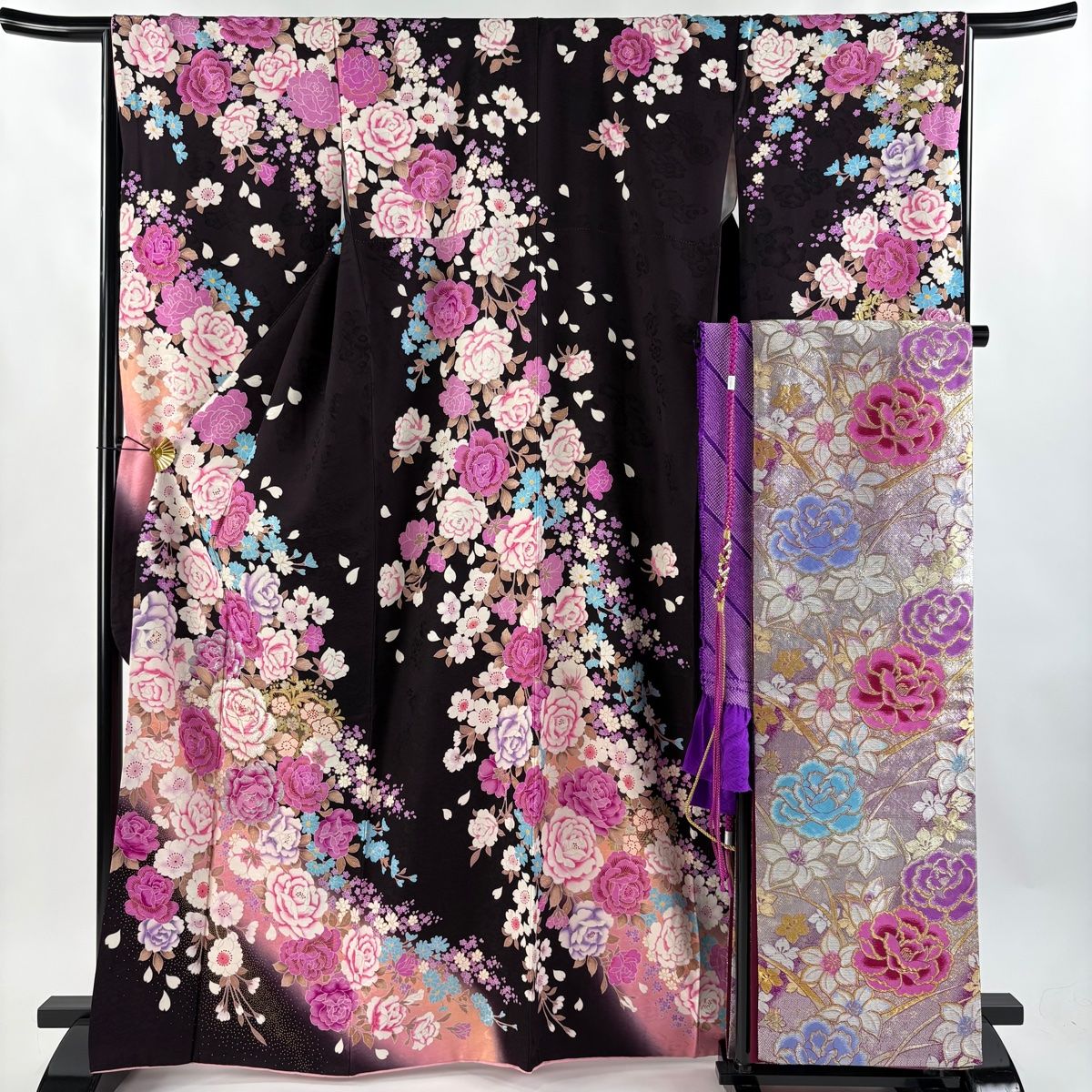 振袖 身丈166cm 裄丈65.5cm M 袷 袋帯フルセット 薔薇 草花 金糸 金銀彩 濃紫 正絹 名品