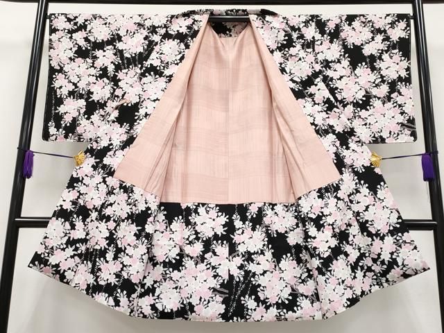 平和屋本店□極上 道中着 ロング丈 枝桜文 黒地 逸品 未使用