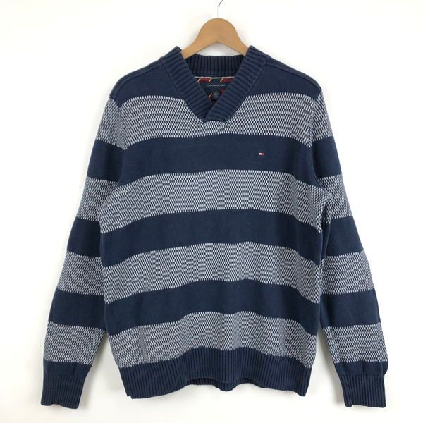 【古着】 TOMMY HILFIGER トミー・ヒルフィガー コットンセーター ボーダー 厚手 ネイビー系 メンズL 【中古】 n051438