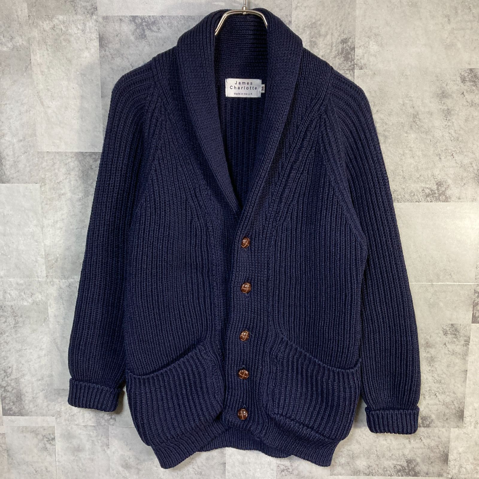 英国製 James Charlotte 肉厚ニット ショールカーディガン ネイビー 36