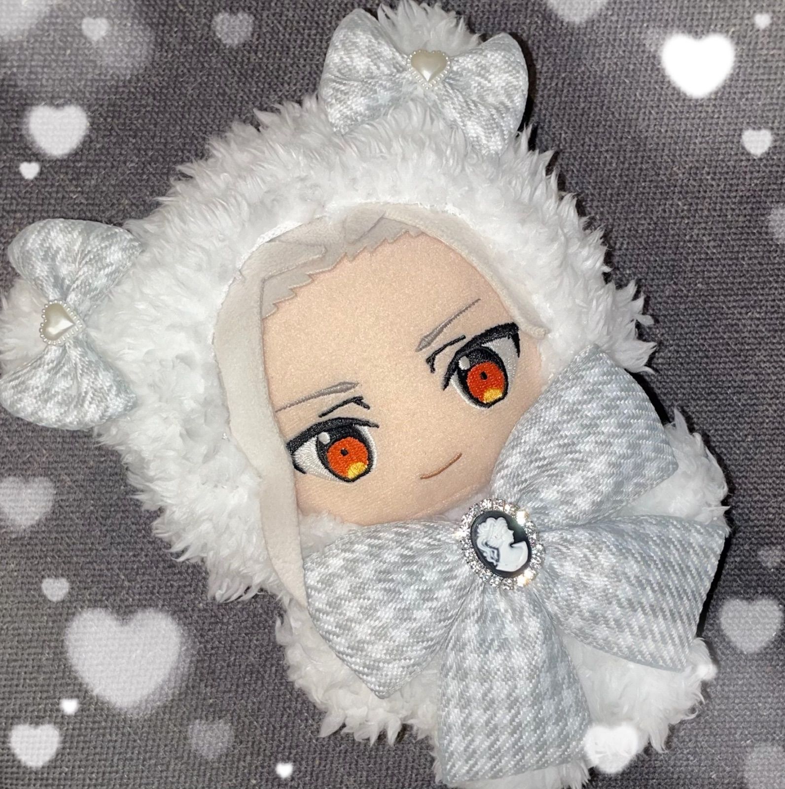 千鳥柄リボンのくまちゃんぬい服グレー