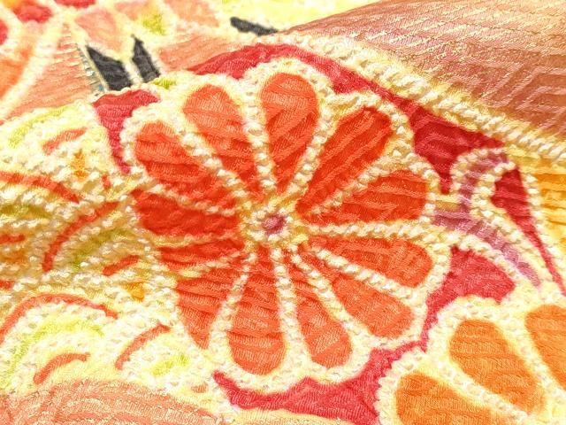 冷静な 平和屋着物 上 七五三 女の子 7歳 祝着 総絞り 飛鶴雲取り草花文 金彩 刈安色地 CYAA3309s5 全品本物!