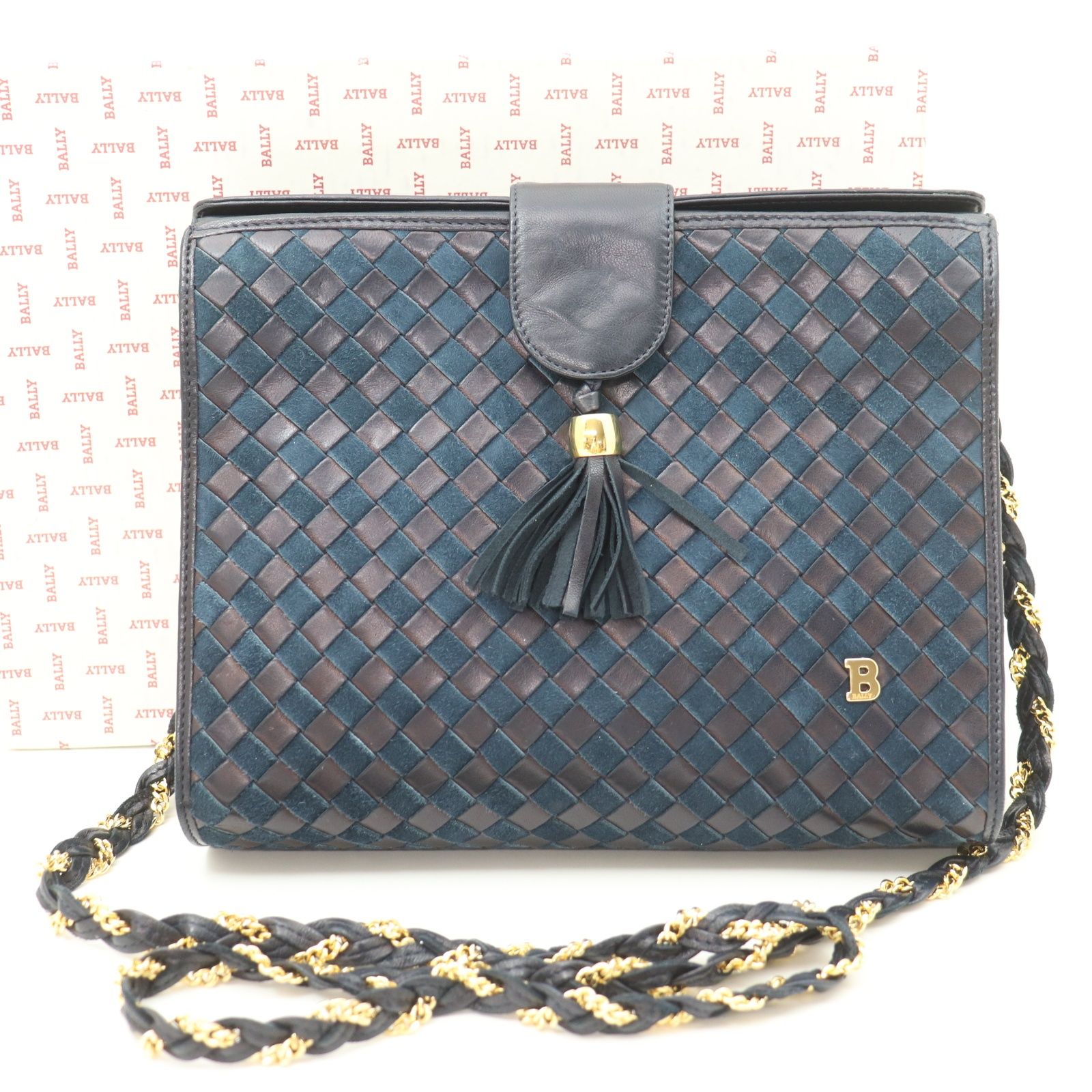 美品】BALLY バリー キルティング ハンドバッグ スエード 茶 タッセル 