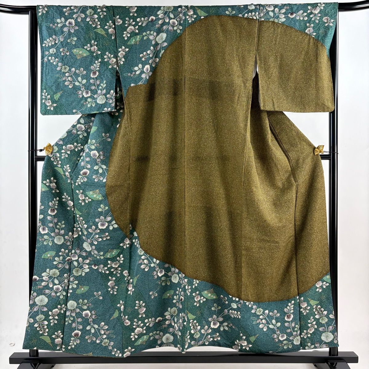 訪問着 身丈155.5cm 裄丈66cm M 袷 草花 扇 金彩 絞り 緑 正絹 名品 【】