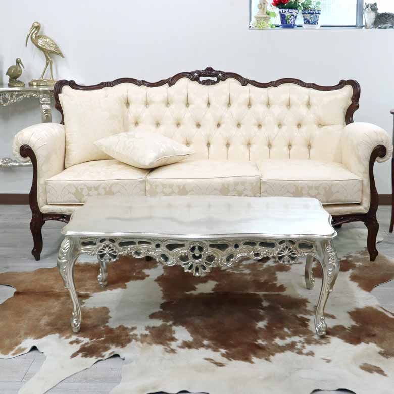 イタリア リビングテーブル シルバー 109cm 完成品 猫脚 長方形