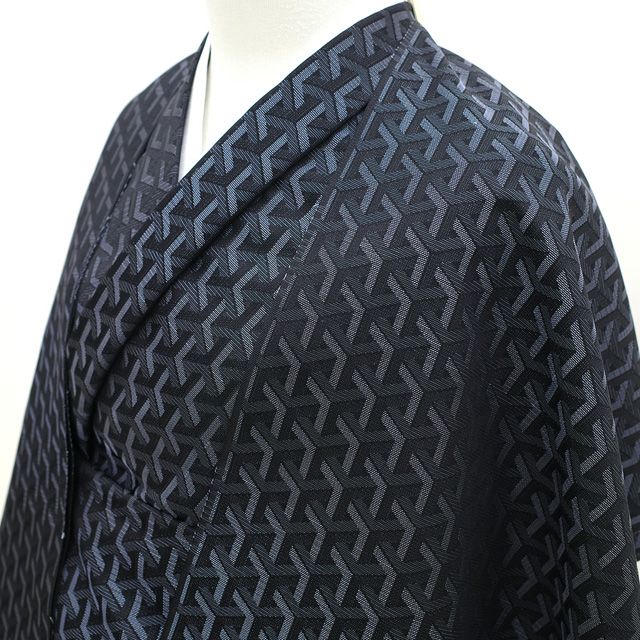 新品】 御召 紋紗 着物 着尺 反物 西陣 正絹 お召 先染め 黒 ブルー 