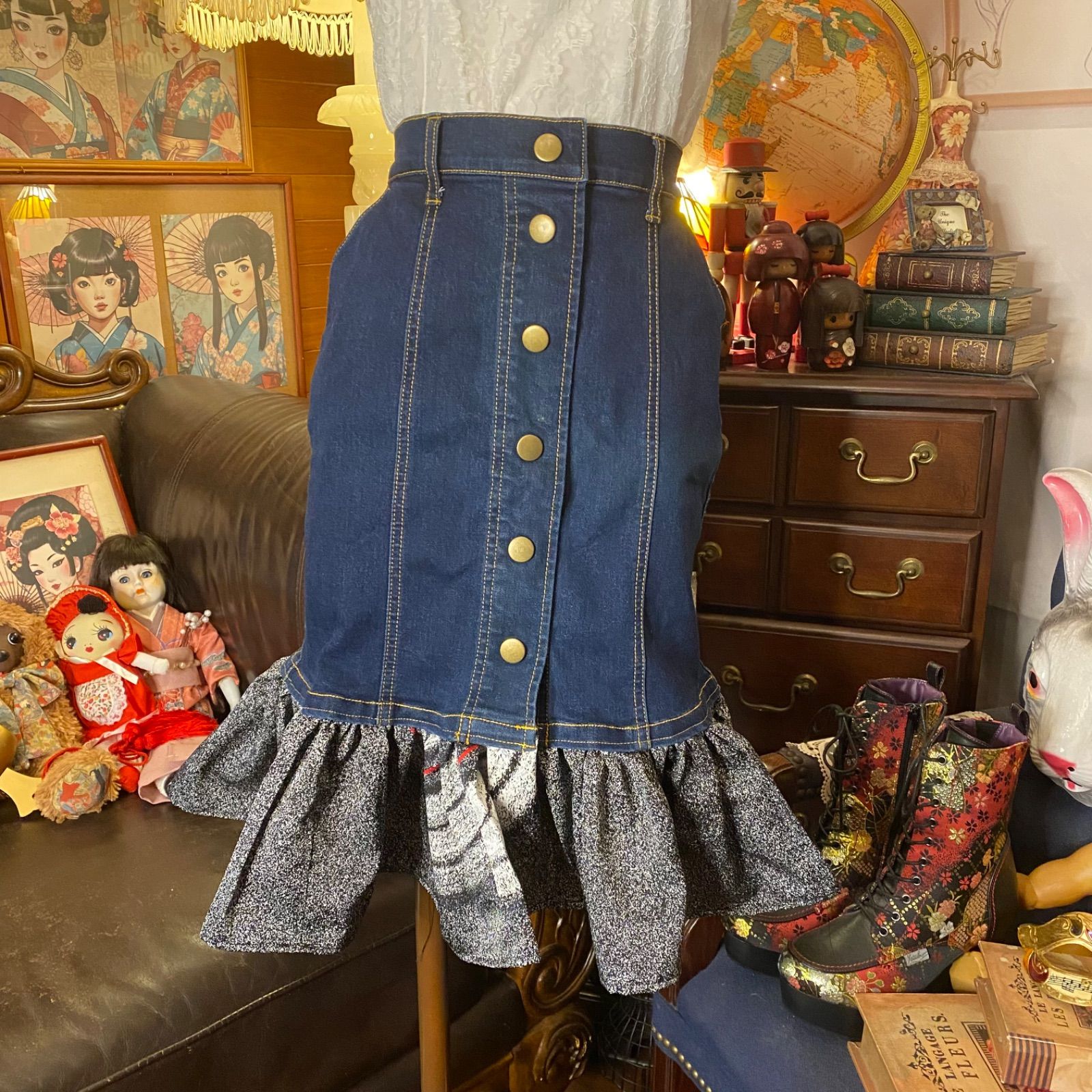 着物　リメイク　ツーピース　セット　巻きスカート　試着のみの未使用　美品 着物 リメイク セットアップ ツーピース 2部式 レトロ 古着 和