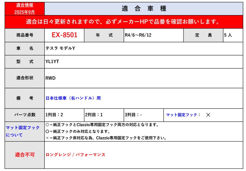 クラッツィオ YL1YT テスラ モデルY_1台分 R4 6~R6 12 用立体フロアマット ラバータイプ EX-8501 Clazzio