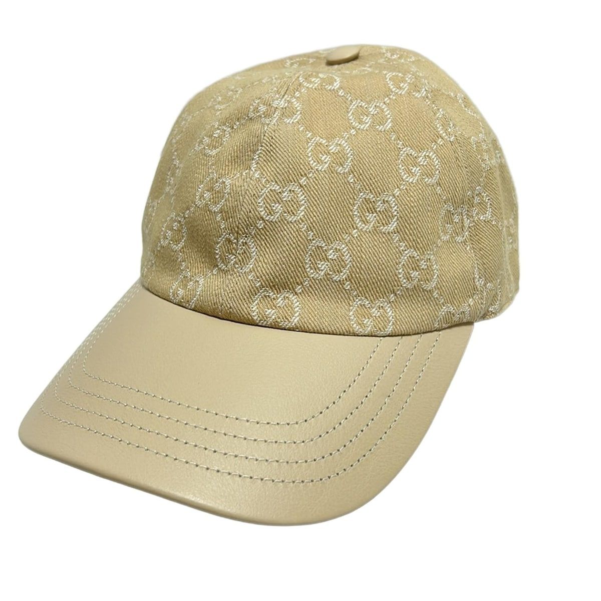 GUCCI グッチ キャップ M GG柄 782120 ベージュ ベースボールキャップ コットン レザー