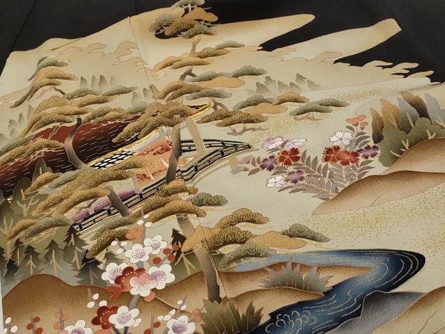 逸品❇️有名作家落款入り手描友禅金彩刺繍‥豪華正絹黒留め袖❇️フルセット 平和屋着物□豪華黒留袖 駒刺繍 風景文 金彩 正絹 逸品