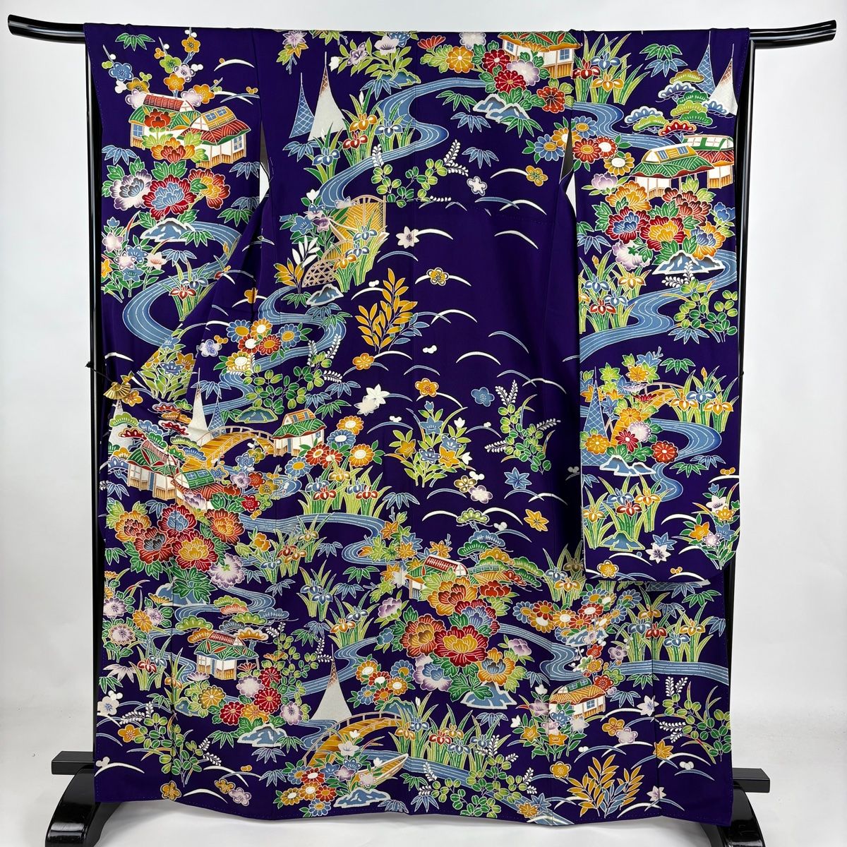 振袖 身丈165cm 裄丈66cm M 袷 松竹梅 家屋 縮緬 紫 正絹 名品