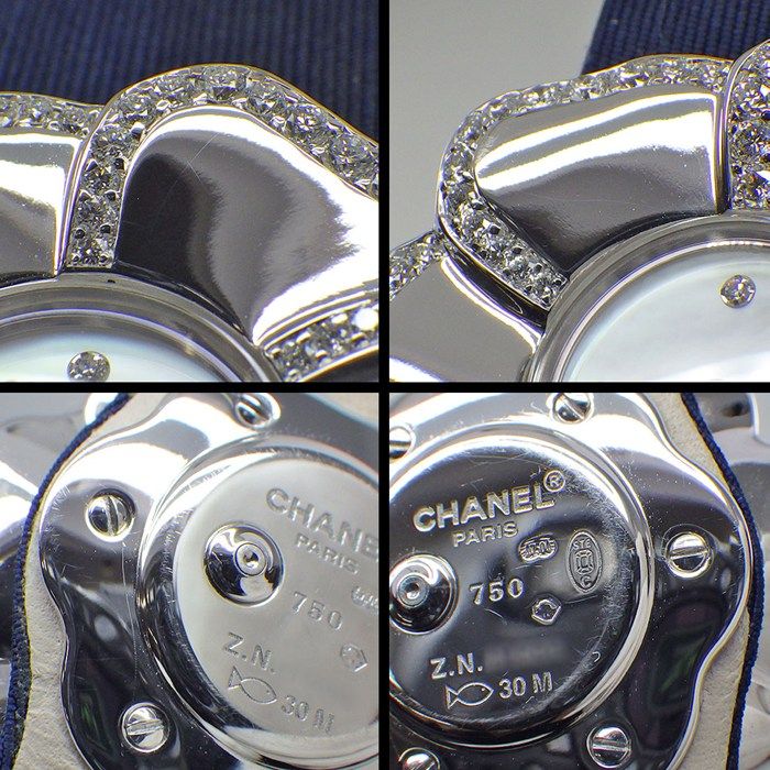 シャネル CHANEL 腕時計 カメリア H1187 ダイヤベゼル 4ポイント ダイヤインデックス ホワイトシェル文字盤 デイト 裏スケ K18WG ブルー 革ベルト クオーツアナログ 【中古】 シャネル CHANEL 腕時計 カメリア H1187 ダイヤベゼル 4ポイント