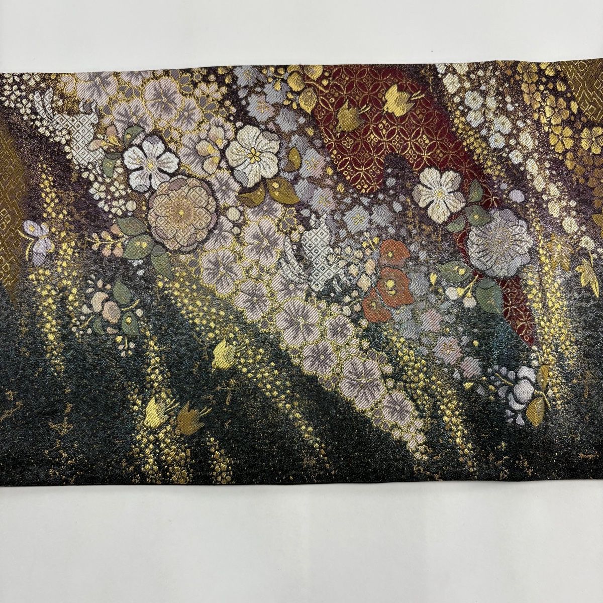 502my81◇やまと 本金 プラチナ 千鳥 蝶 辻ヶ花 七宝 金糸 六通 袋帯 袋帯 秀品 やまと 辻が花柄 千鳥 本金箔 金糸 濃紫 六通 正絹
