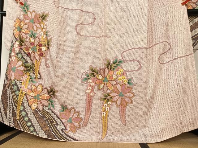 平和屋着物○豪華振袖 駒刺繍 絞り 舞花文 金彩 正絹 逸品 AAAY0281zg  