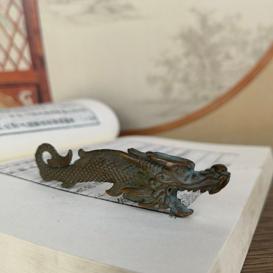 銅 細工 竜頭魚 茶台茶寵 文鎮 筆棚書道具 文房具 装飾品 工芸品