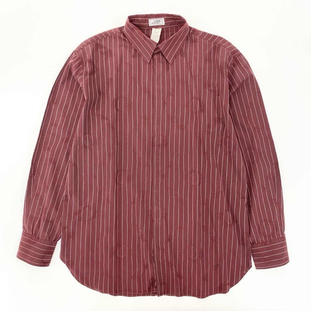 35j22 GIANNI VERSACE ジャンニヴェルサーチ 長袖シャツ ストライプ 透かし総柄模様 サイズ50 ボルドー コットン メンズ イタリア製u02t