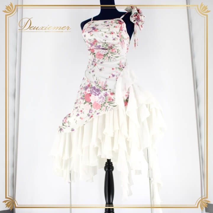 社交ダンス 衣装 ラテン ドレス ワンピース レッスンウェア パーティ衣装 レディース オールシーズン 白 prima boutique プリマブティック 花柄 ホワイト系 パープル系 ピンク系 グリーン系 フラワー デザイン アクセント おしゃれ