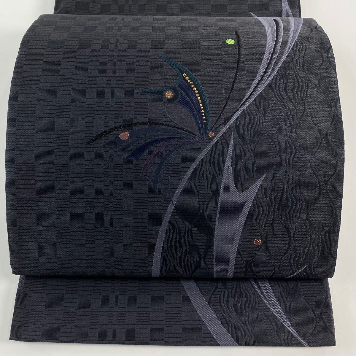 【美品】 袋帯 名品 蝶 箔 墨色 お太鼓柄 正絹 【】