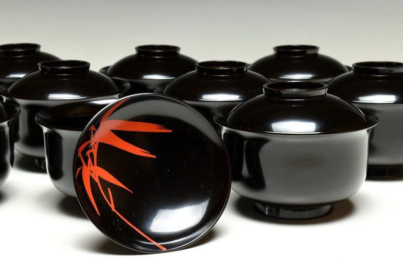 蔵C9321i 春次作 木製黒塗 見返朱竹笹文絵替 吸物椀 十客 共箱