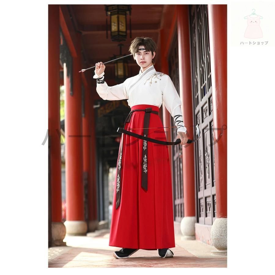 中華コスプレ衣装 メンズ 漢服 唐装 中華服 チャイナ服 中華衣裳 袴風 2点セット 3点セット 鶴刺繍 エスニック 留袖羽織 細袖ブラウス スカ
