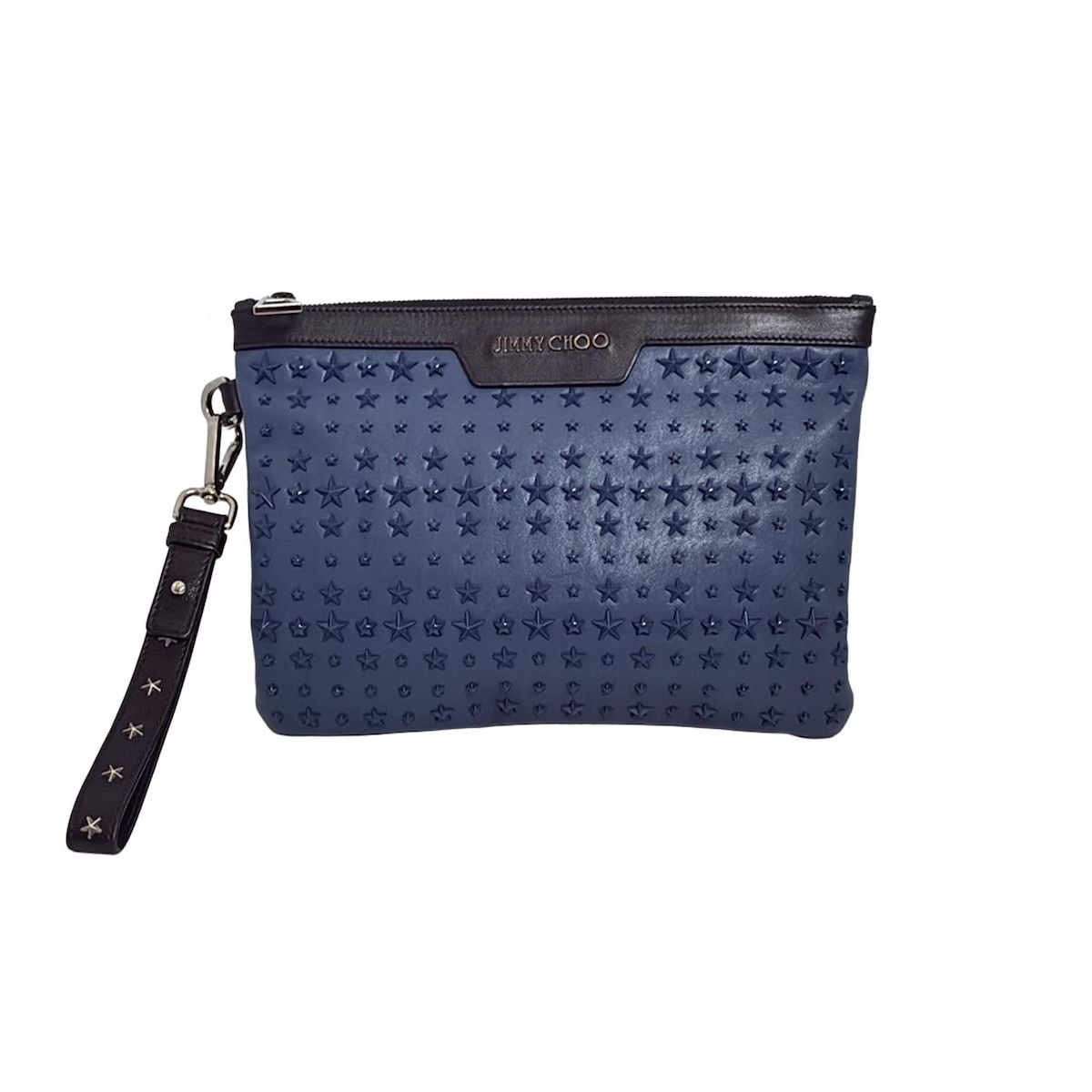 JIMMY CHOO ジミーチュウ クラッチバッグ デレク ネイビー×黒 スタッズ スター 星 ホログラムシールあり レザー