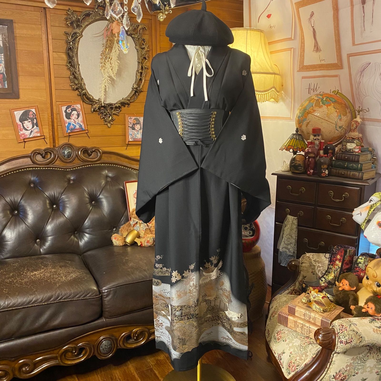 黒留袖 着物 リメイク ワンピース ロングドレス 和洋折衷 洗える 化繊 ハンドメイド レトロ 古着 漆黒に白金の光 静かに舞う鶴 TKW-81