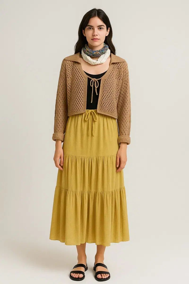 vtg 茶色 クロシェ カーディガン ロング丈スカート コーディネートセット