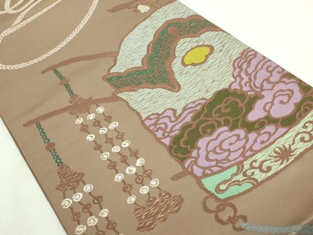 平和屋着物 上 世界的人形師 辻村寿三郎 ジュサブロー 六通柄袋帯 鐘 梅染色地 金銀糸 DZAA8796kh5