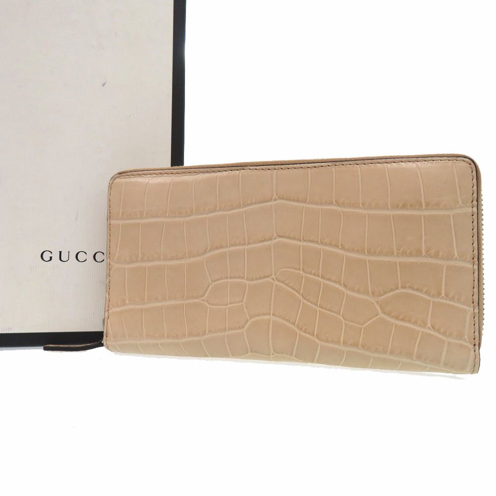 新品同様 グッチ ラウンドファスナー 長財布 クロコダイル ベージュ  
