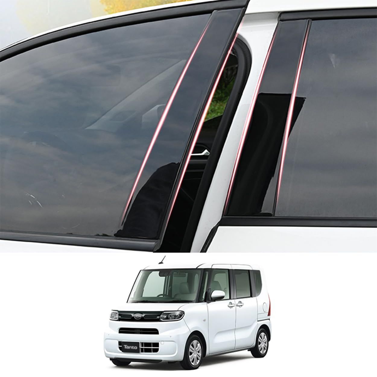 ダイハツ ZdeduoCar 専用設計新型タント タントカスタム LA650S LA660S（2019年7月-2023年4月）ピラーガーニッシュ Bピラー 純正サイドバイザー 保護カバー 6点セット (ピアノブラック)