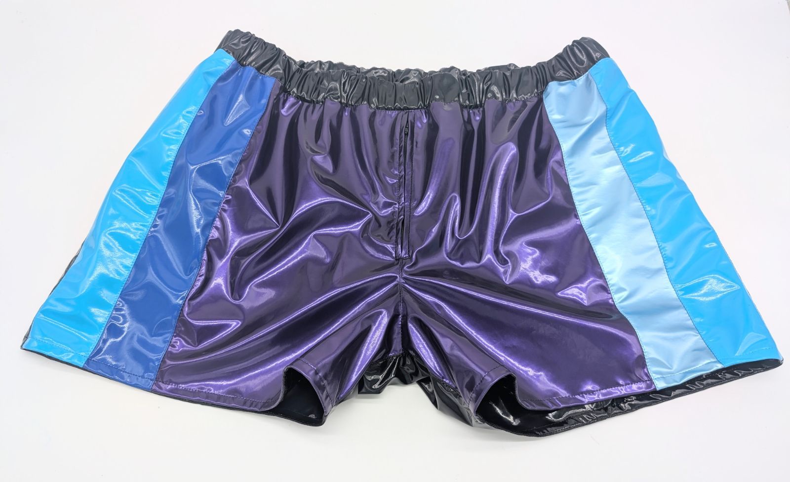メンズエナメルアンダーパンツ カラフルタイプ エナメル裏地付き ナイトウェア ホットパンツ 表地 紫 黒 青 パールブルー 水色 裏地 メンズL LL 3 L 4 Lサイズ ハンドメイド 受注生産 ４Ｌのみ 可