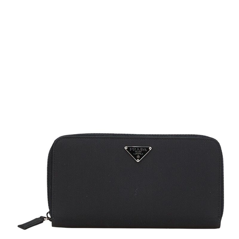プラダ 三角ロゴプレート サフィアーノ ラウンドファスナー 長財布 M822 ブラック ナイロン レザー レディース PRADA 228-09191