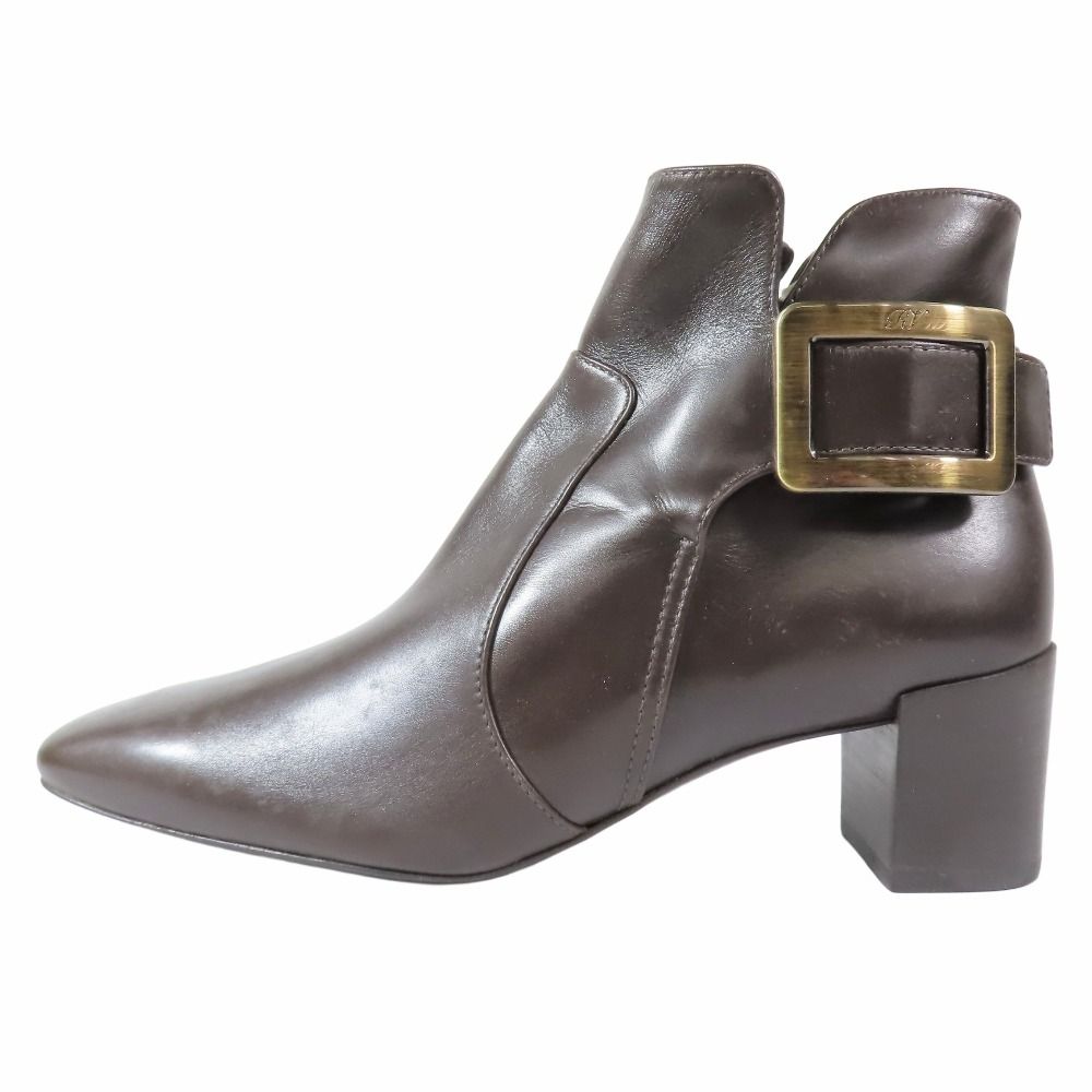 Roger Vivier ロジェヴィヴィエ Polly ポリー ショートブーツ スクエアバックル レザー シューズ 37.5 ダークブラウン ゴールド レディース 古着