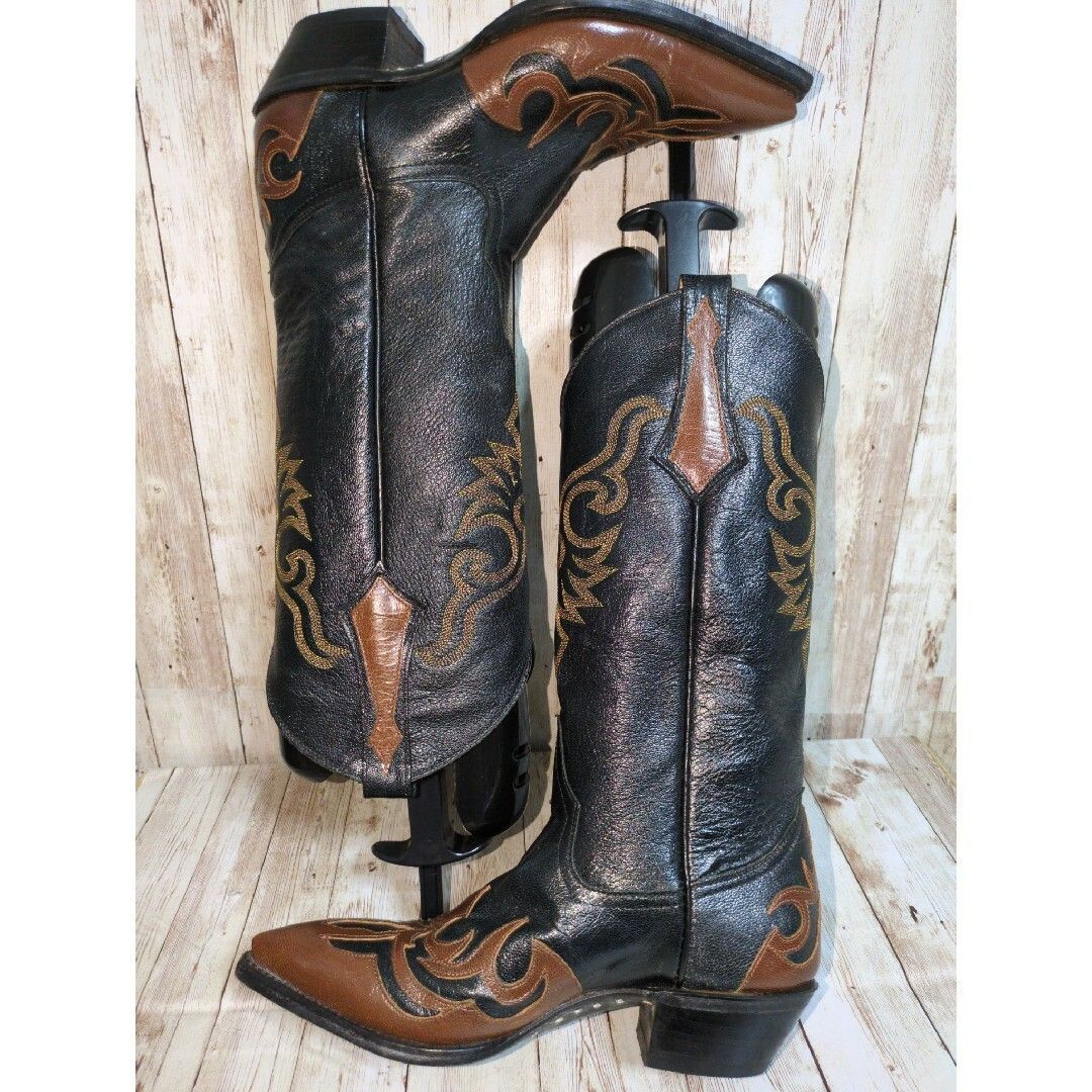 訳あり Larry Mahan ラリーマハン ウエスタンブーツ レザー 6Bサイズ 金ステッチ 黒×茶×金 レディース靴 23cm相当 KIN-KAAI_COM